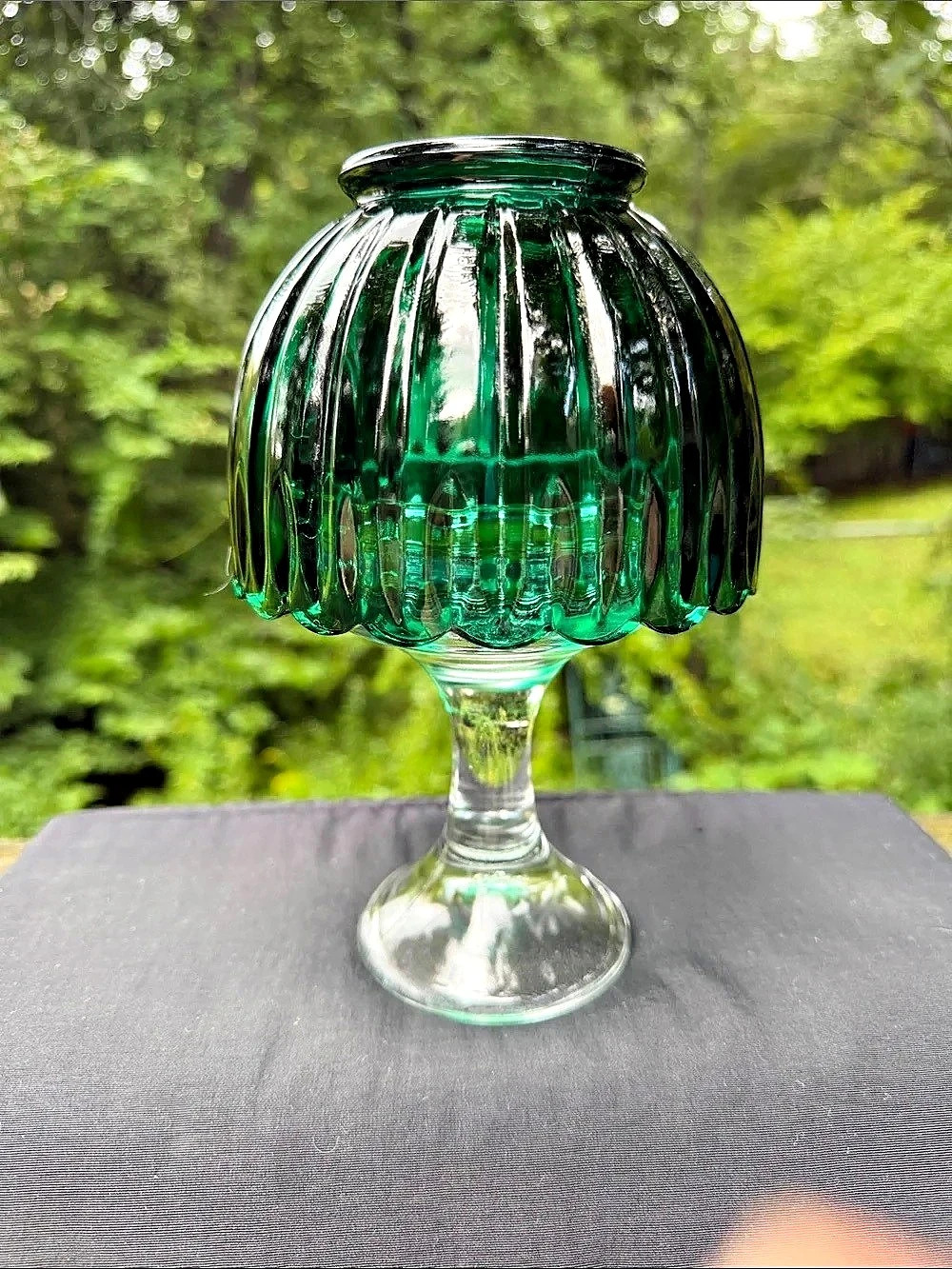 Ribbed Green & Clear Glass Vase